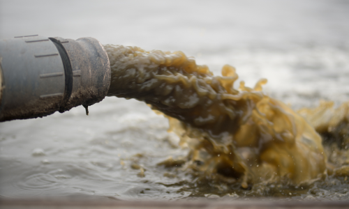 photo of a PVC pipe disgorging a high volume of greenish-brown waste水 into a body of fresh水